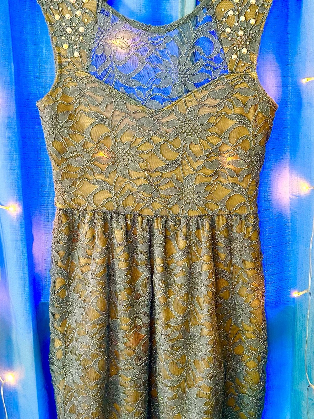 Deb Olive Lace Dress with Beaded Shoulders